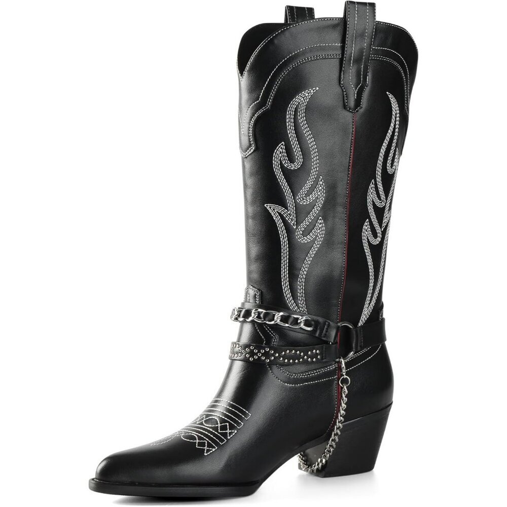 ⚡Women Black Faux Leather Chain Point Toe Chunky Heel Embroidered Pull on Boots